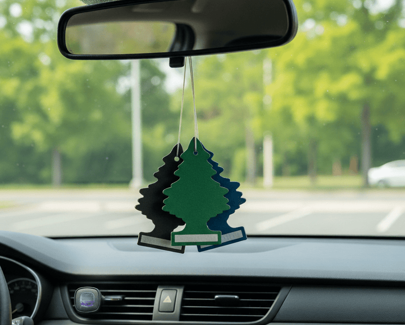 Car air freshener shaped like a pine tree hanging from a car's rearview mirror. Vent clip air freshener in the vehicle dashboard.
