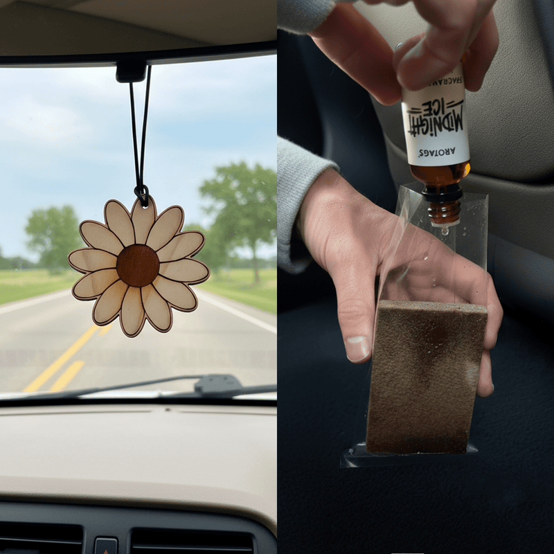 Wooden air air freshener hanging from a car's rearview mirror with a person applying liquid to a fiber paper diffuser.