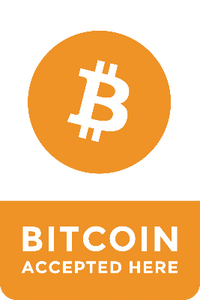 Sign indicating that Bitcoin is accepted here with a Bitcoin symbol on an orange circle.