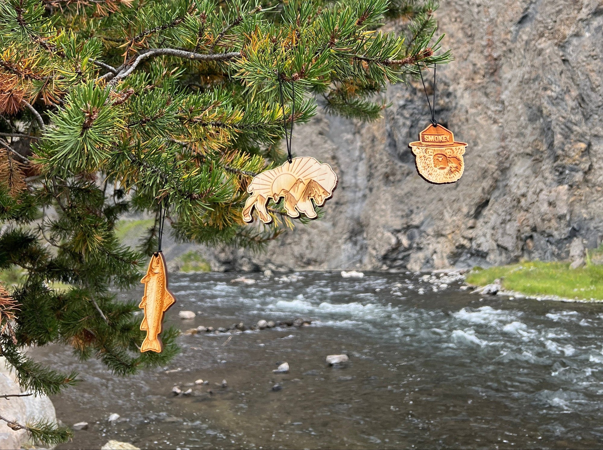 Pine tree with car fresheners near a rocky mountain and water body